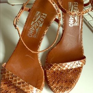 Ferragamo snake skin open toe heels